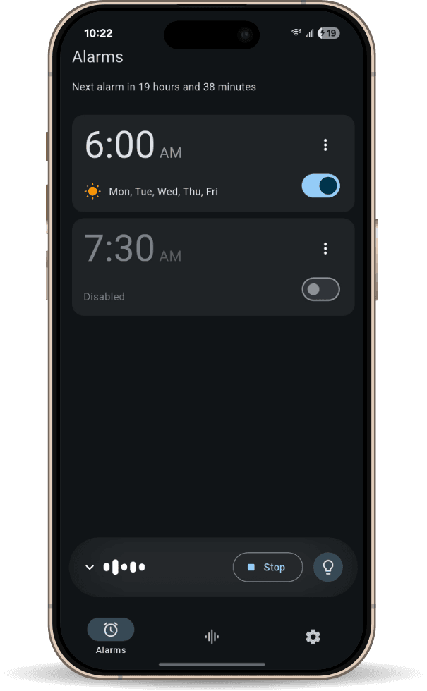 Phone showing Alba Rise app with alarm controls