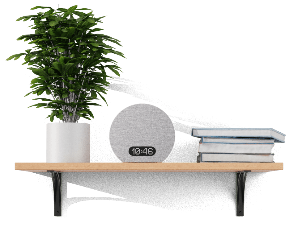 Wooden shelf with Alba Rise alarm clock, plant, and books